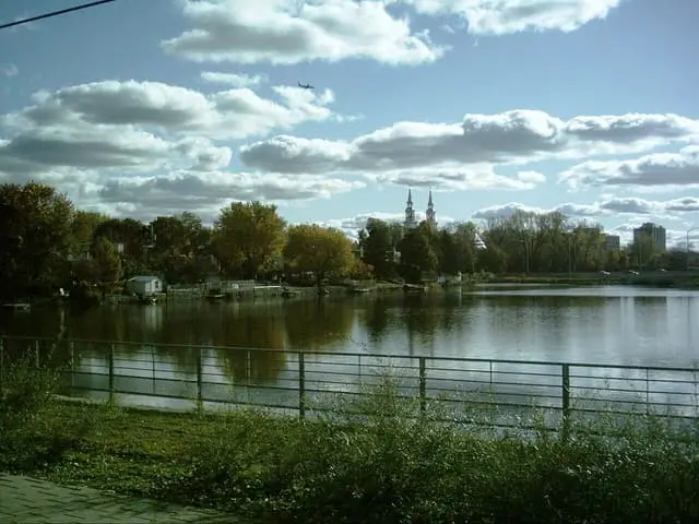 Rivière des Prairies and the church seen from Île de la Visitation.