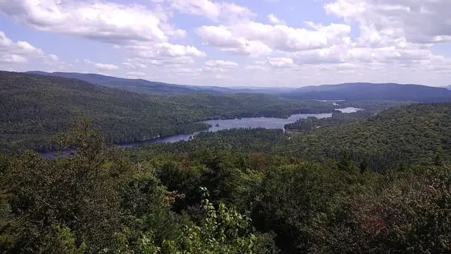 Lake Provost and wooded hills seen from the L’Envol trail in Mont-Tremblant national park.