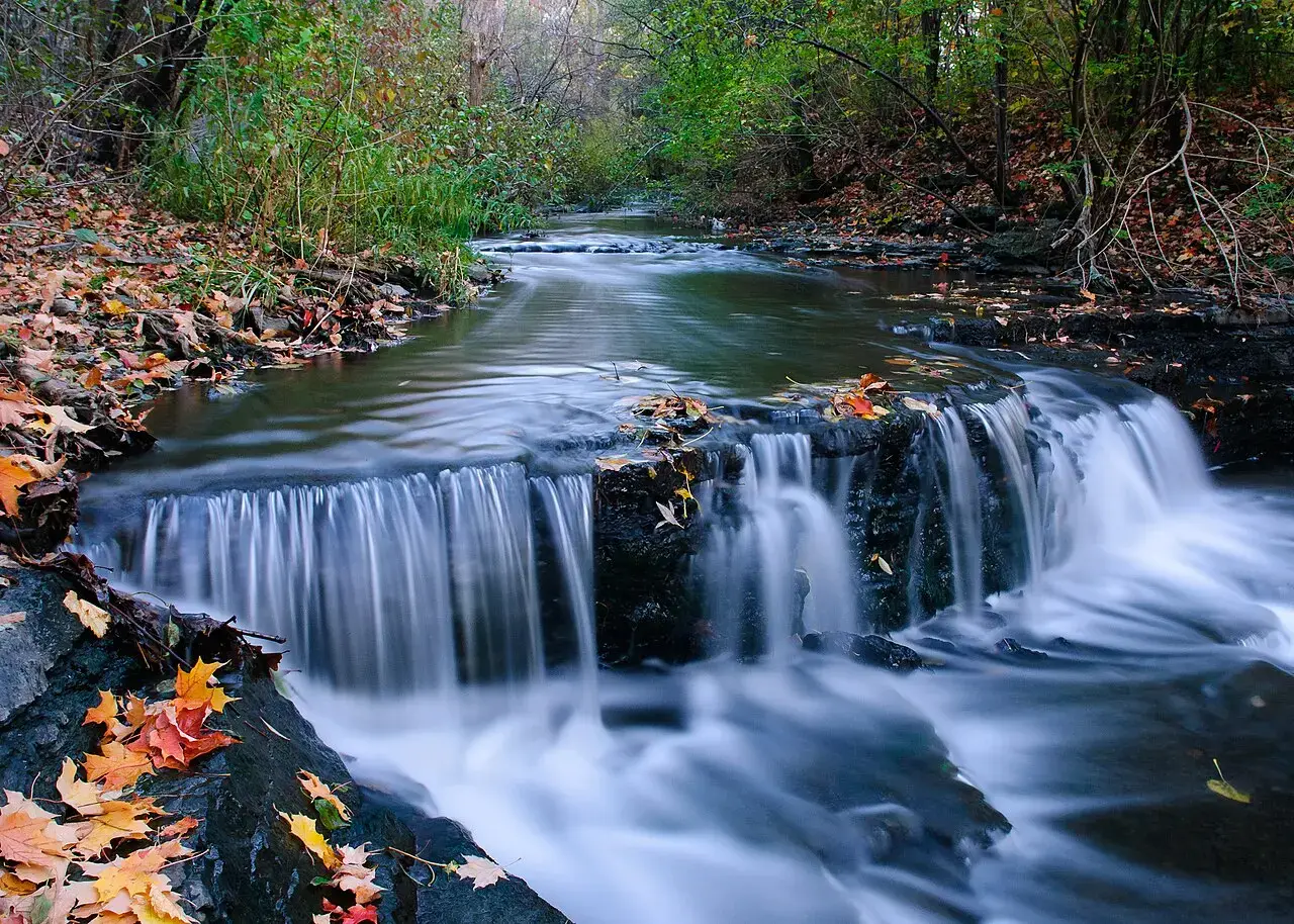 A small waterfall surrounded by autumn leaves in Ruisseau-De Montigny nature park.