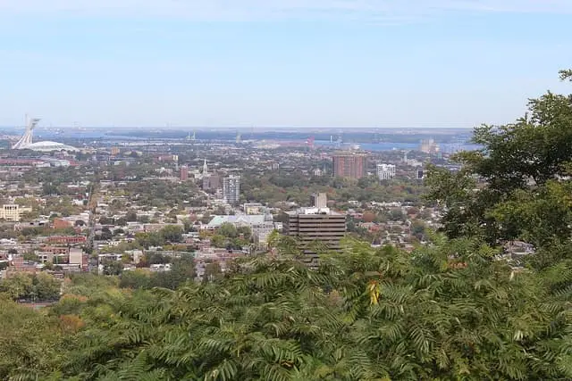 Montréal and the Olympic Stadium seen from a Mount Royal lookout.