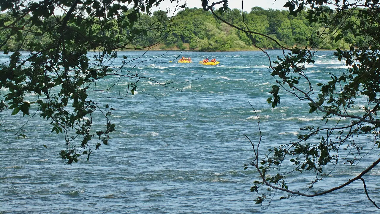 Rafts on the Lachine Rapids in 2012; a photograph of the river, not confirmation of the current operator or route.