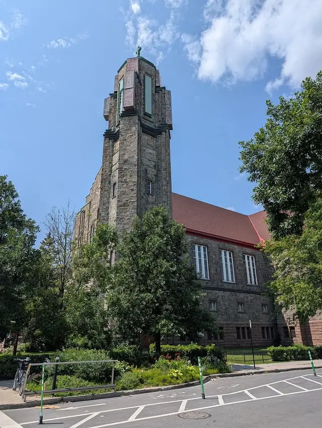 Saint-Jean-Berchmans church in Montréal in 2025; the building housing the market hall, not a market-day photograph.